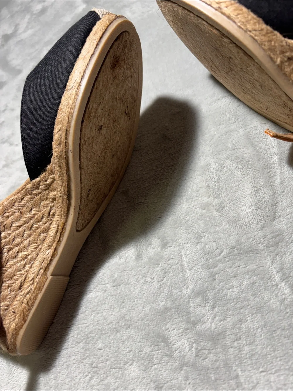 White Mountain Black and Tan Espadrille Wedge Sandals